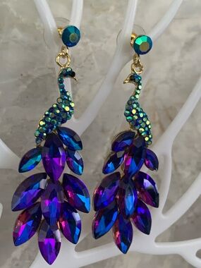 Peacock Drop Earrings - Iridescent Blue-Purple Austrian Crystal